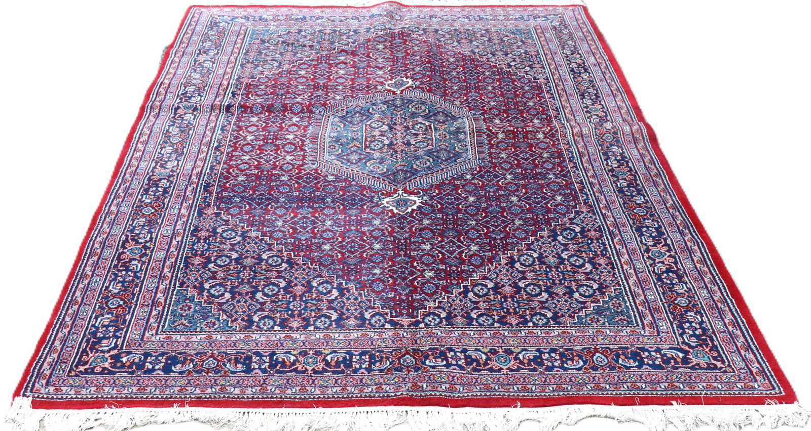 ANTIQUE PERSIAN RED & BLUE RUG: ANTIQUE PERSIAN RED & BLUE RUG. Height: 106 in. by Width: 70 in.
