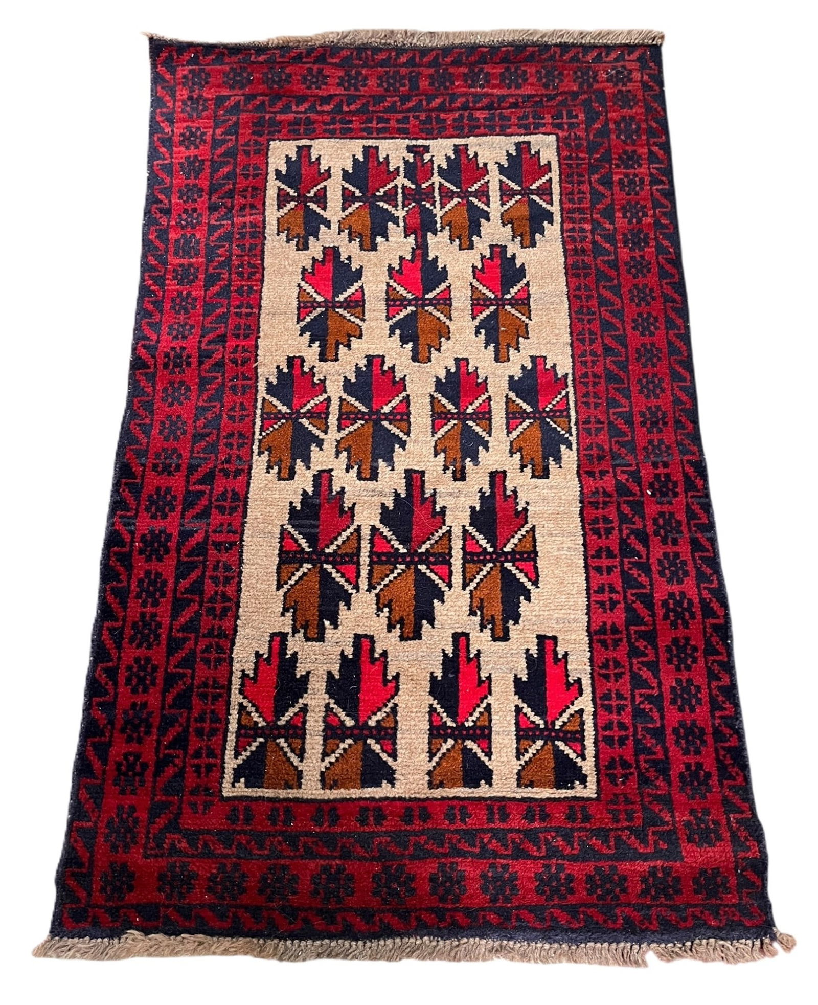 TAN/RED/NAVY WOVEN CARPET: TAN/RED/NAVY WOVEN CARPET. Height: 52 in. by Width: 30.5 in.