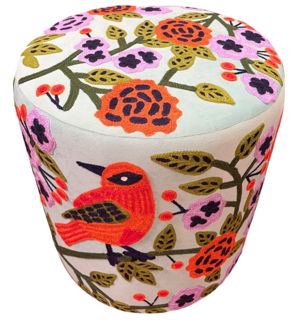 HAND EMBROIDERED FLORAL STOOL. Matches lot # 3.: HAND EMBROIDERED FLORAL STOOL. Matches lot #3.