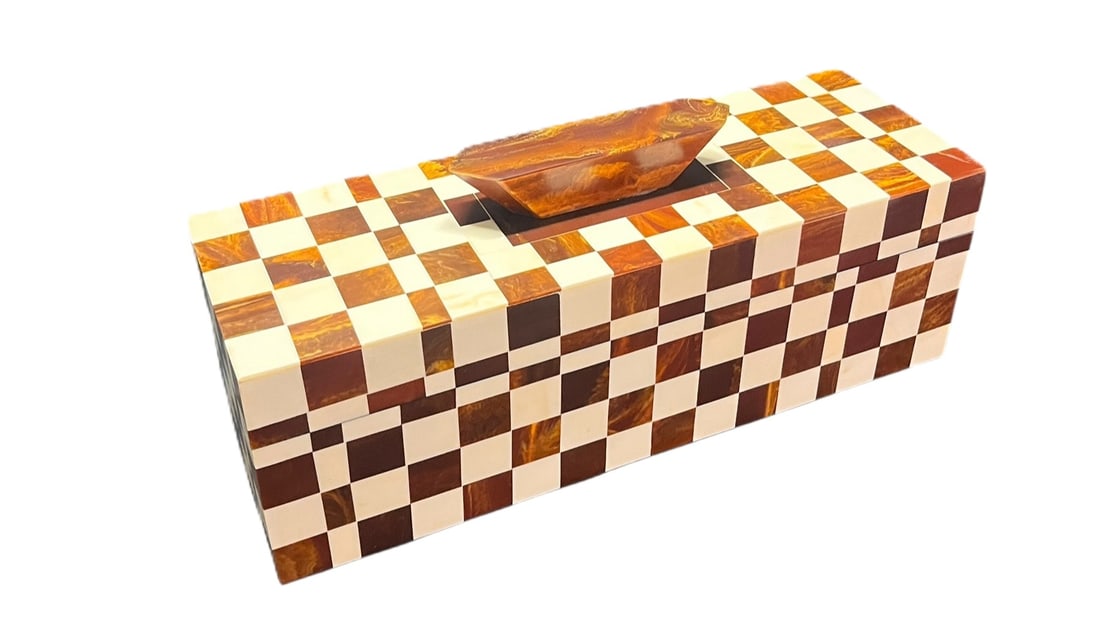 CONTEMPORARY CHECKERED INLAID DECORATIVE BOX: CONTEMPORARY CHECKERED INLAID DECORATIVE BOX. Height: 8.5 in. by Width: 18 in. by Depth: 6 in.