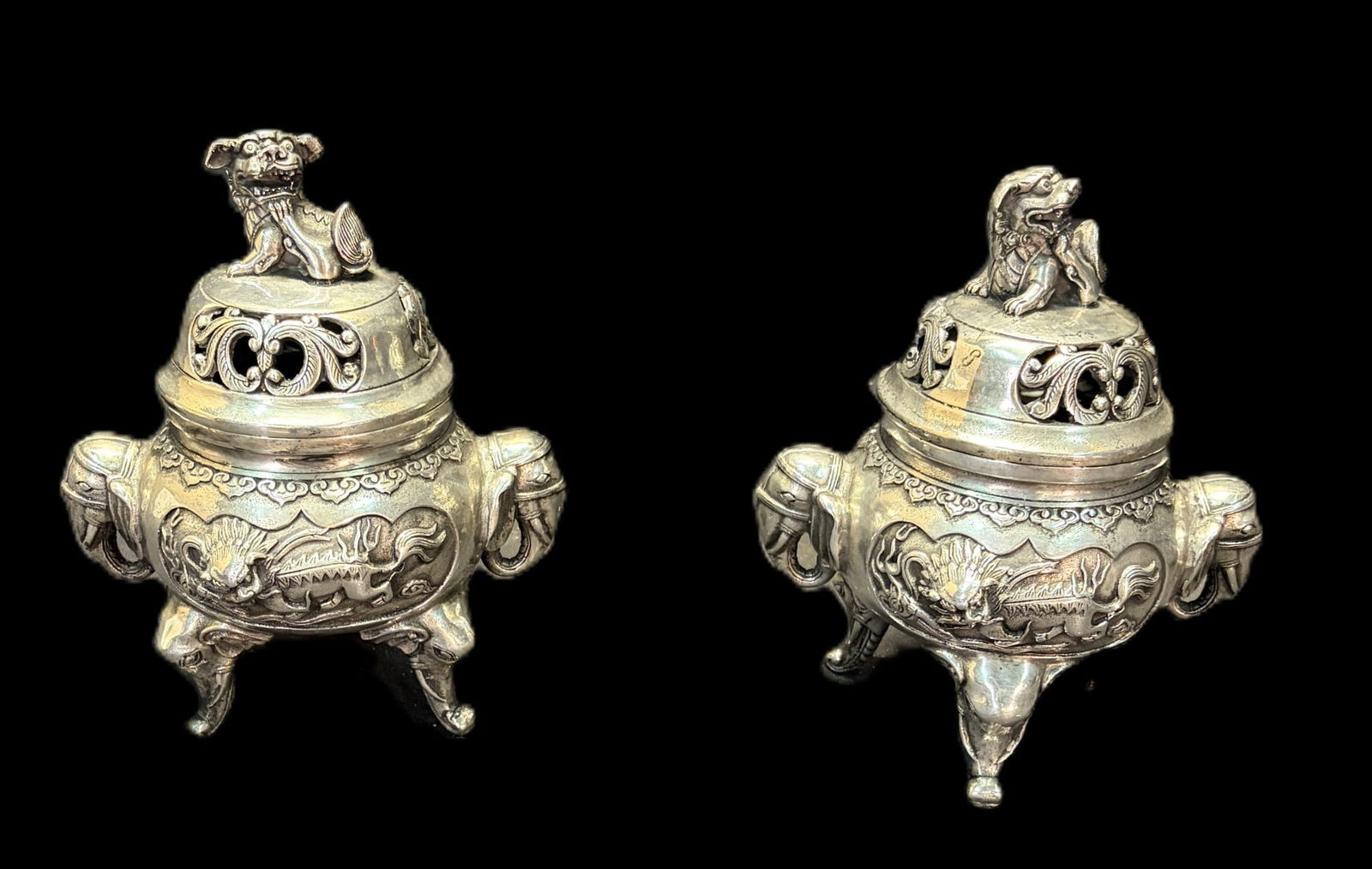 PAIR OF CHINESE WHITE COPPER TIGER INCENSE BURNERS: PAIR OF CHINESE WHITE COPPER TIGER INCENSE BURNERS Height: 7 in. by Width: 6.5 in. by Depth: 5 IN.