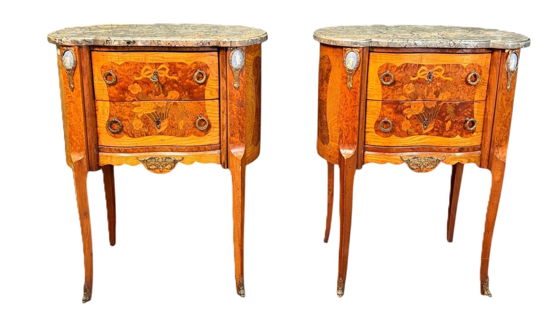 PAIR OF ANTIQUE MARQUETRY END TABLES, W/ WEDGWOOD (1 of 7)