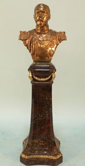 BRONZE SCULPTURE BUST OF KING GEORGE: BRONZE SCULPTURE BUST OF KING GEORGE ON MARBLE BASE, MARKED B. MACKENNY, 1911. Height: 21 in. by Width: 6 in. by Depth: 6 in.