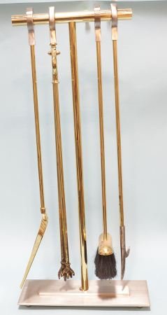 CONTEMPORARY FIREPLACE SET: CONTEMPORARY STEEL AND BRASS FIREPLACE SET. Height: 31 in. by Width: 12 in. by Depth: 6 in.