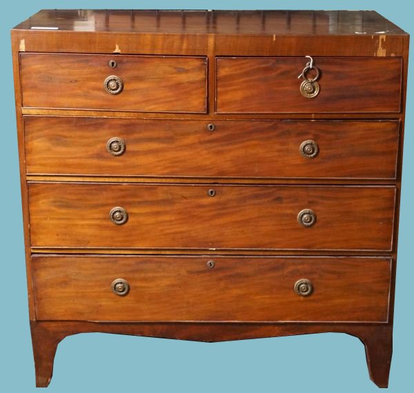 GEORGIAN HEPPLEWHITE STYLE CHEST: GEORGIAN HEPPLEWHITE STYLE MAHOGANY CHEST OF DRAWERS. Needs restoration, sold as is. Height: 41 in. by Width: 40 in. by Depth: 18 in.
