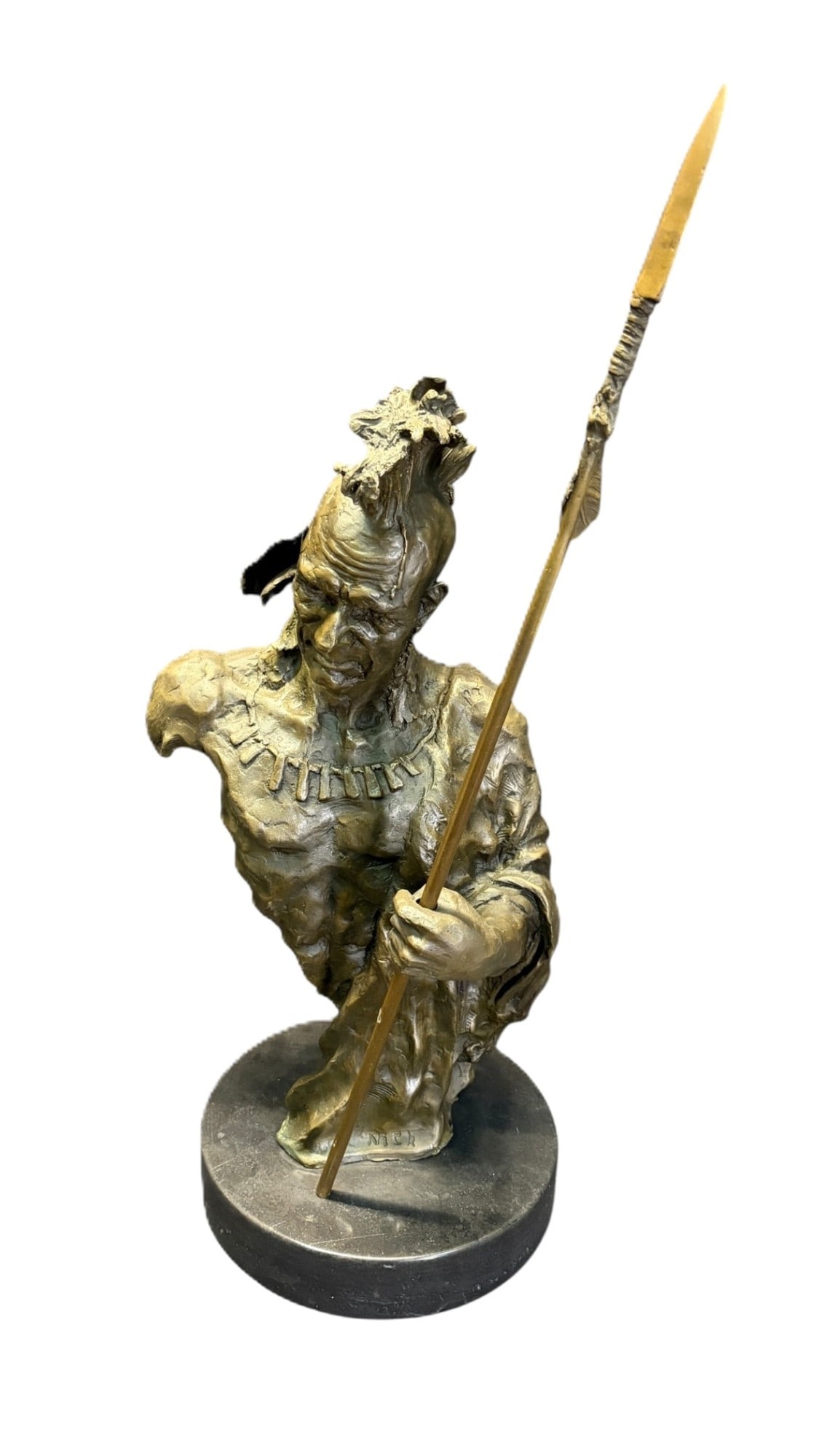 NATIVE AMERICAN WARRIOR BRONZE SIGNED BY NICK: NATIVE AMERICAN WARRIOR BRONZE SIGNED BY NICK. Height: 23 in. by Width: 9 in. by Depth: 9 in.