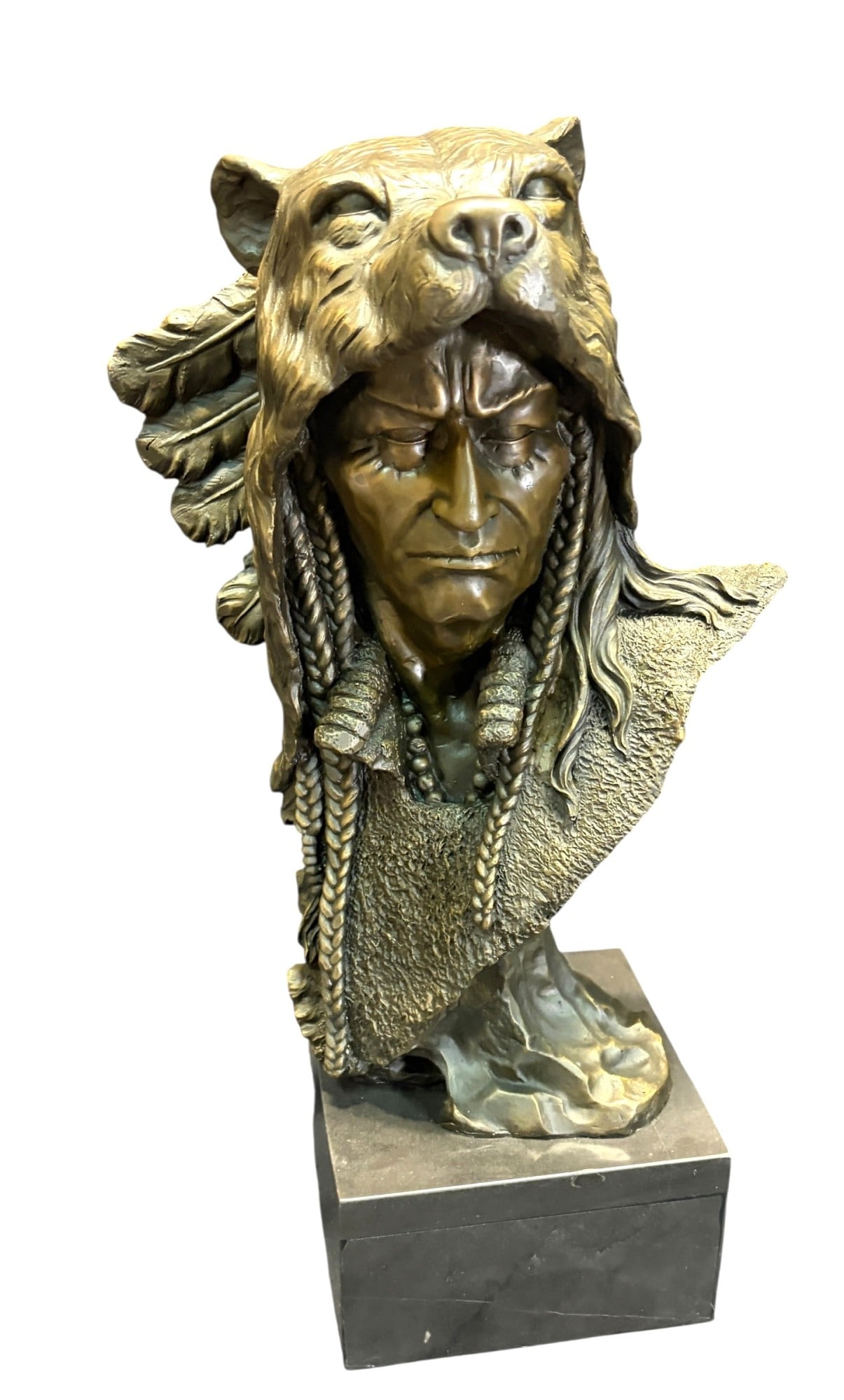 NATIVE AMERICAN INDIAN CHIEF BRONZE SIGNED BY MILO: NATIVE AMERICAN INDIAN CHIEF BRONZE SIGNED BY ARTIST MILO. Height: 22 in. by Width: 13 in. by Depth: 7.2 in.