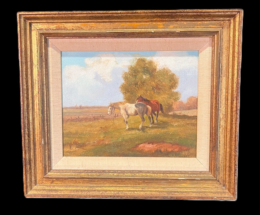H. PILLINGER PASTORAL SCENE OIL ON PANEL: H. PILLINGER (GERMAN B.1905) PASTORAL FARM SCENE OIL ON PANEL PAINTING, IN GILDED FRAME. CIRCA 1930. SIGNED BY LISTED ARTIST. Height: 13 in. by Width: 15 in.