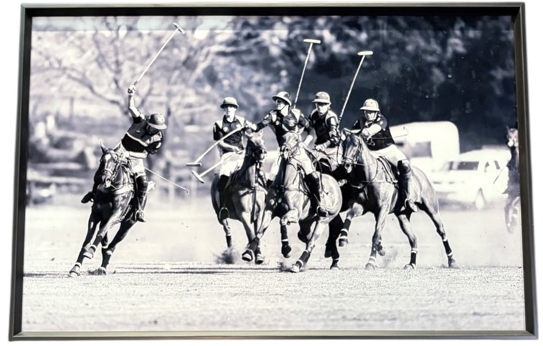 BLACK AND WHITE POLO PLAYERS ON REVERSE GLASS: BLACK AND WHITE POLO PLAYERS ON REVERSE GLASS Height: 16 in. by Width: 24 in. by Depth: 2 in.