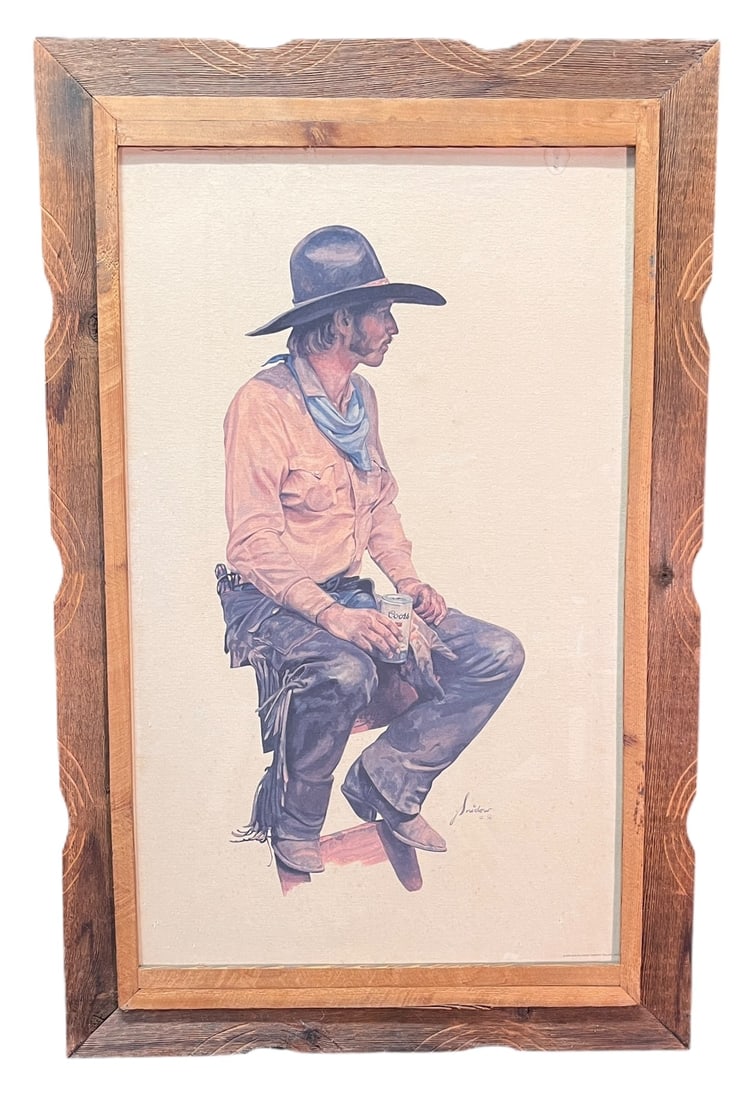 COWBOY AND COORS SIGNED BY SHIDOW: COWBOY AND COORS SIGNED BY SHIDOW FRAMED IN WOOD Height: 35 in. by Width: 22 in. by Depth: 2 in.