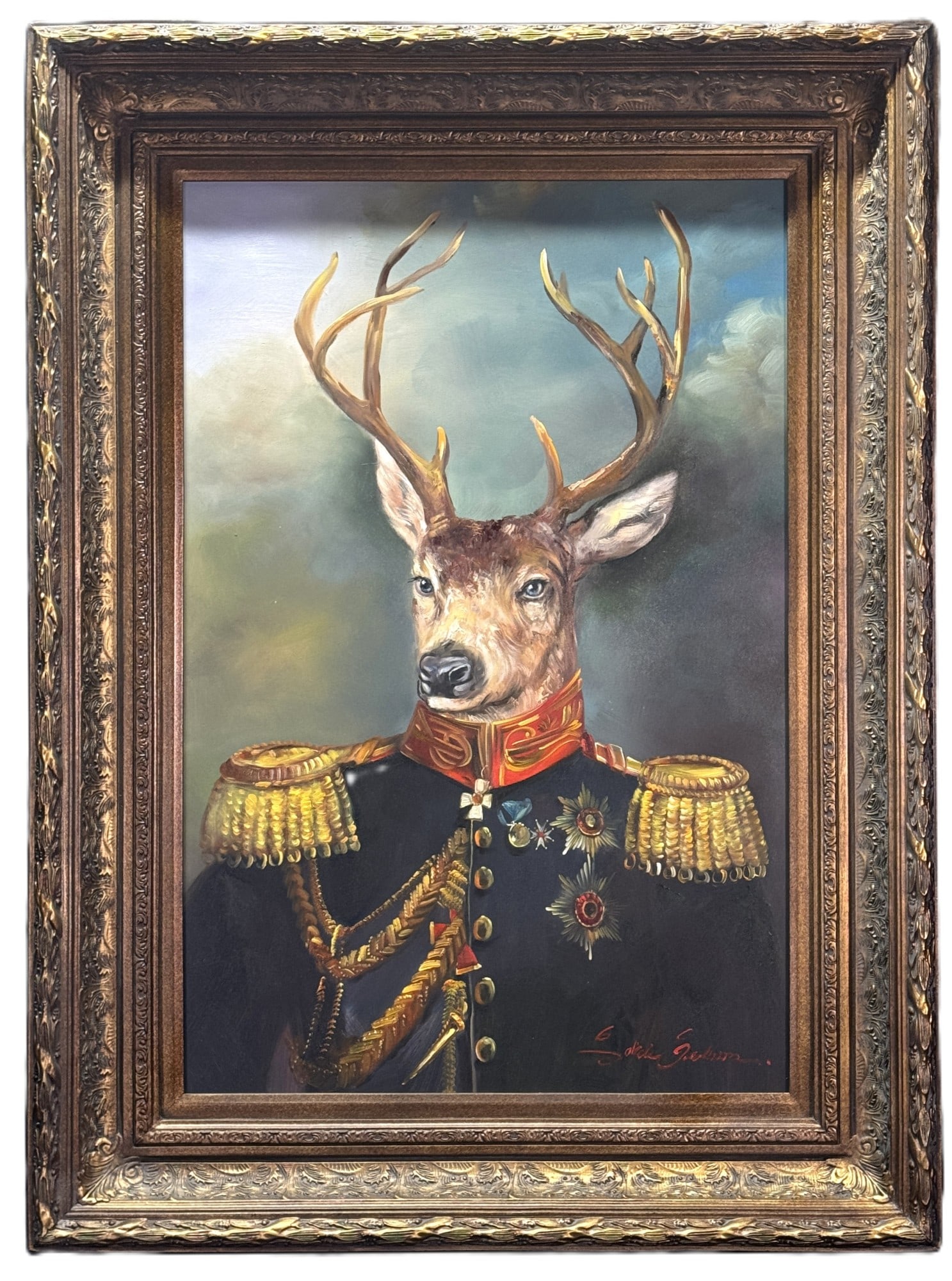 HAND PAINTED DEER IN MILITARY UNIFORM: HAND PAINTED DEER IN MILITARY UNIFORM. Height: 48 in. by Width: 36 in.
