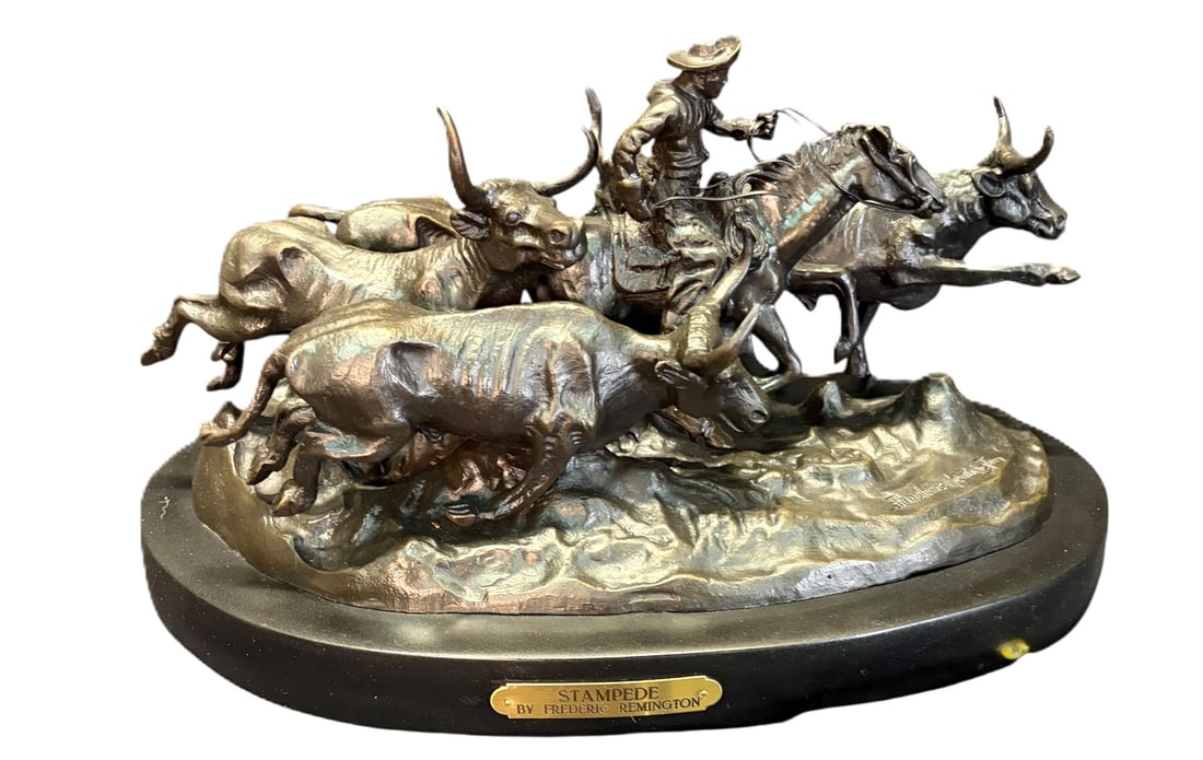 STAMPEDE BRONZE SCULPTURE BY FREDERIC REMINGTON: STAMPEDE BRONZE SCULPTURE BY FREDERIC REMINGTON Height: 10 in. by Width: 18 in. by Depth: 11 in.