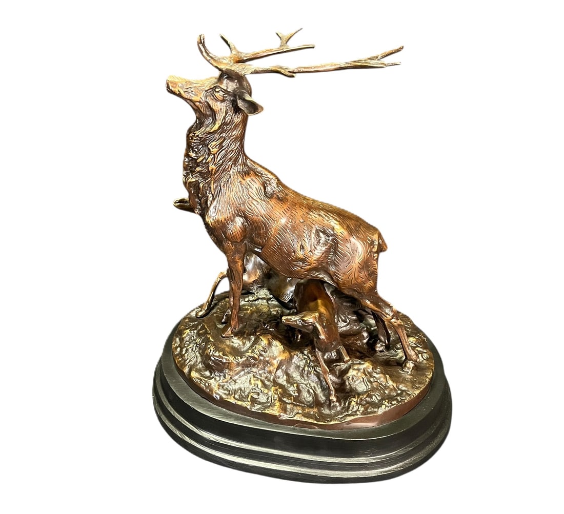 DEER BRONZE SCULPTURE: DEER BRONZE SCULPTURE Height: 16 in. by Width: 13.5 in. by Depth: 10 in.