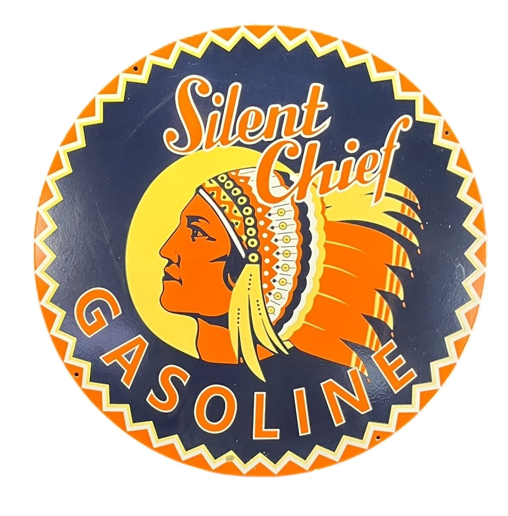 SILENT CHIEF GASOLINE METAL SIGN: SILENT CHIEF GASOLINE METAL SIGN Height: 24 in. by Width: 24 in.