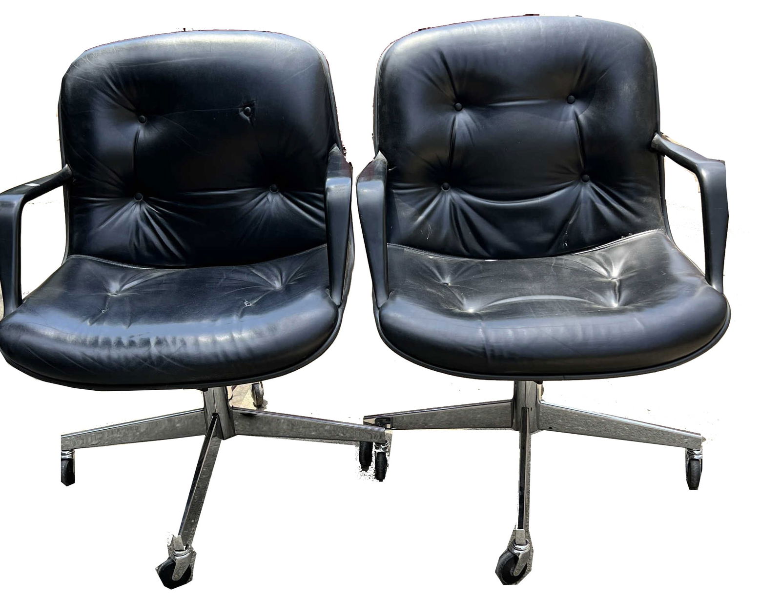 PAIR OF STYLECRAFT LEATHER ROLLING ARMCHAIRS: PAIR OF STYLECRAFT LEATHER ROLLING ARMCHAIRS. Height: 35 in. by Width: 24 in. by Depth: 24 in.