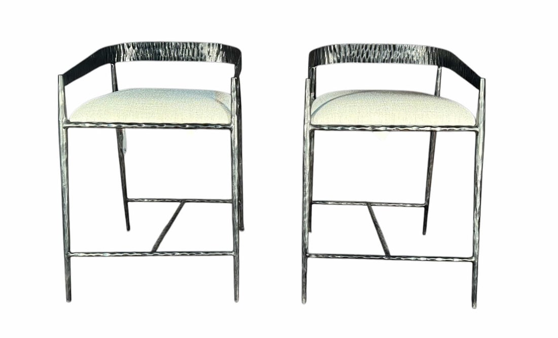 PAIR OF ANSEL COUNTER HAMMERED IRON STOOLS: PAIR OF ANSEL COUNTER HAMMERED IRON STOOLS SEAT HEIGHT= 24 IN. Height: 30.5 in. by Width: 20.5 in. by Depth: 19 in.