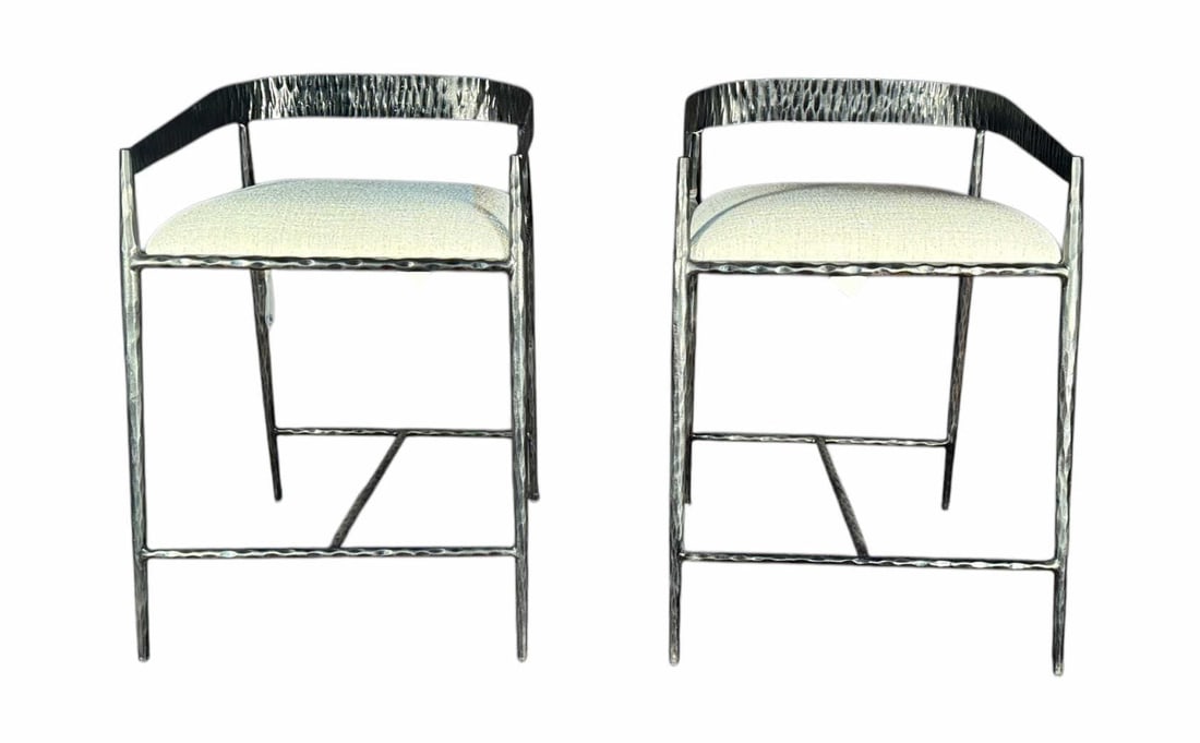 PAIR OF ANSEL COUNTER HAMMERED IRON STOOLS: PAIR OF ANSEL COUNTER HAMMERED IRON STOOLS SEAT HEIGHT= 24 IN. Height: 30.5 in. by Width: 20.5 in. by Depth: 19 in.