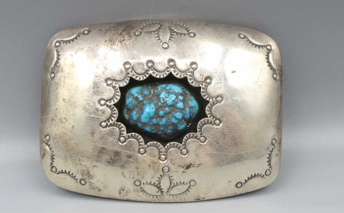 STERLING SILVER TURQUOISE SHADOW BOX BUCKLE: STERLING SILVER TURQUOISE SHADOW BOX BUCKLE. Height: 2.5 in. by Width: 3 in. by Depth: 3/8 in.