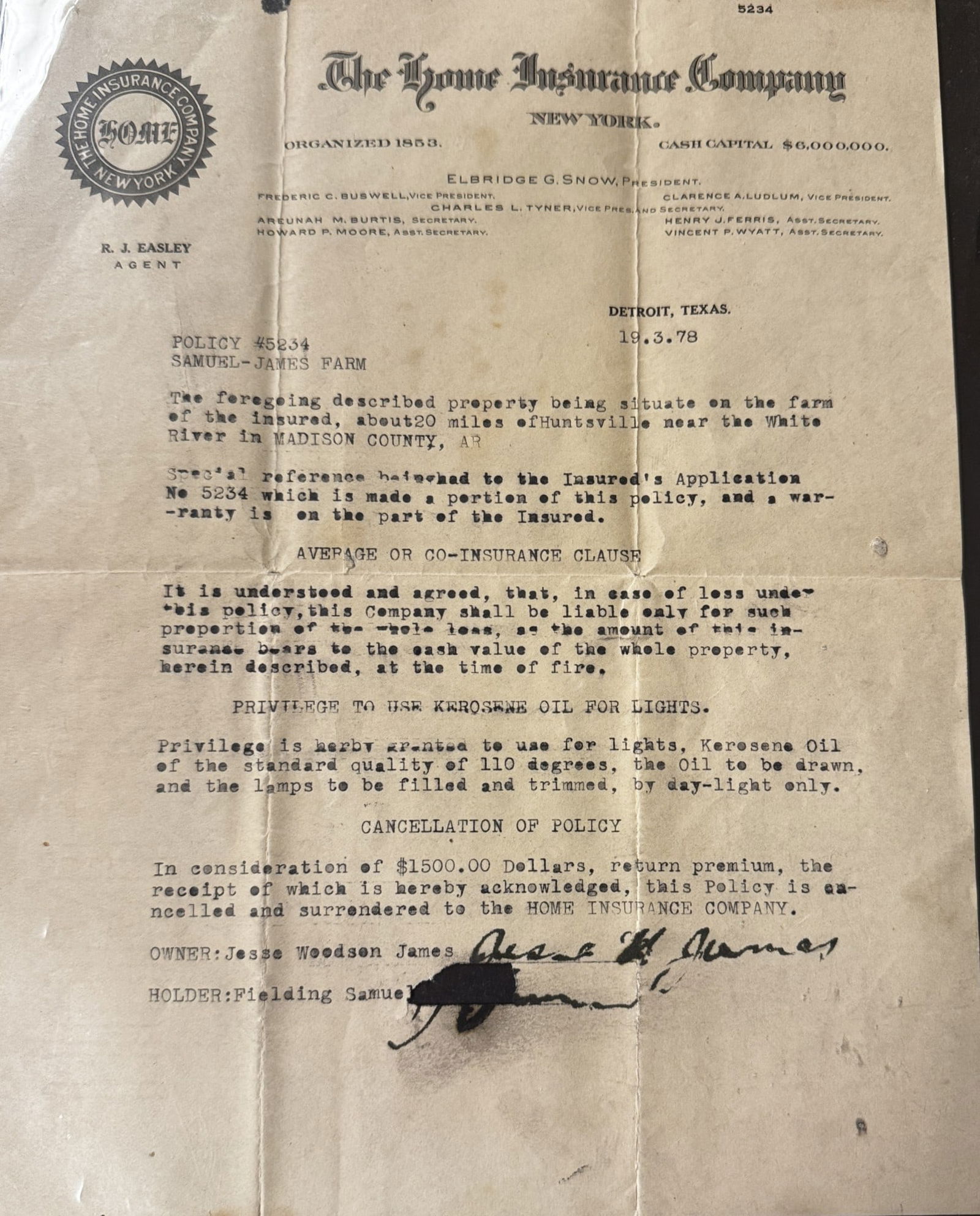 JESSE JAMES SIGNED INSURANCE DOCUMENT: JESSE JAMES SIGNED INSURANCE DOCUMENT MARCH 19, 1878