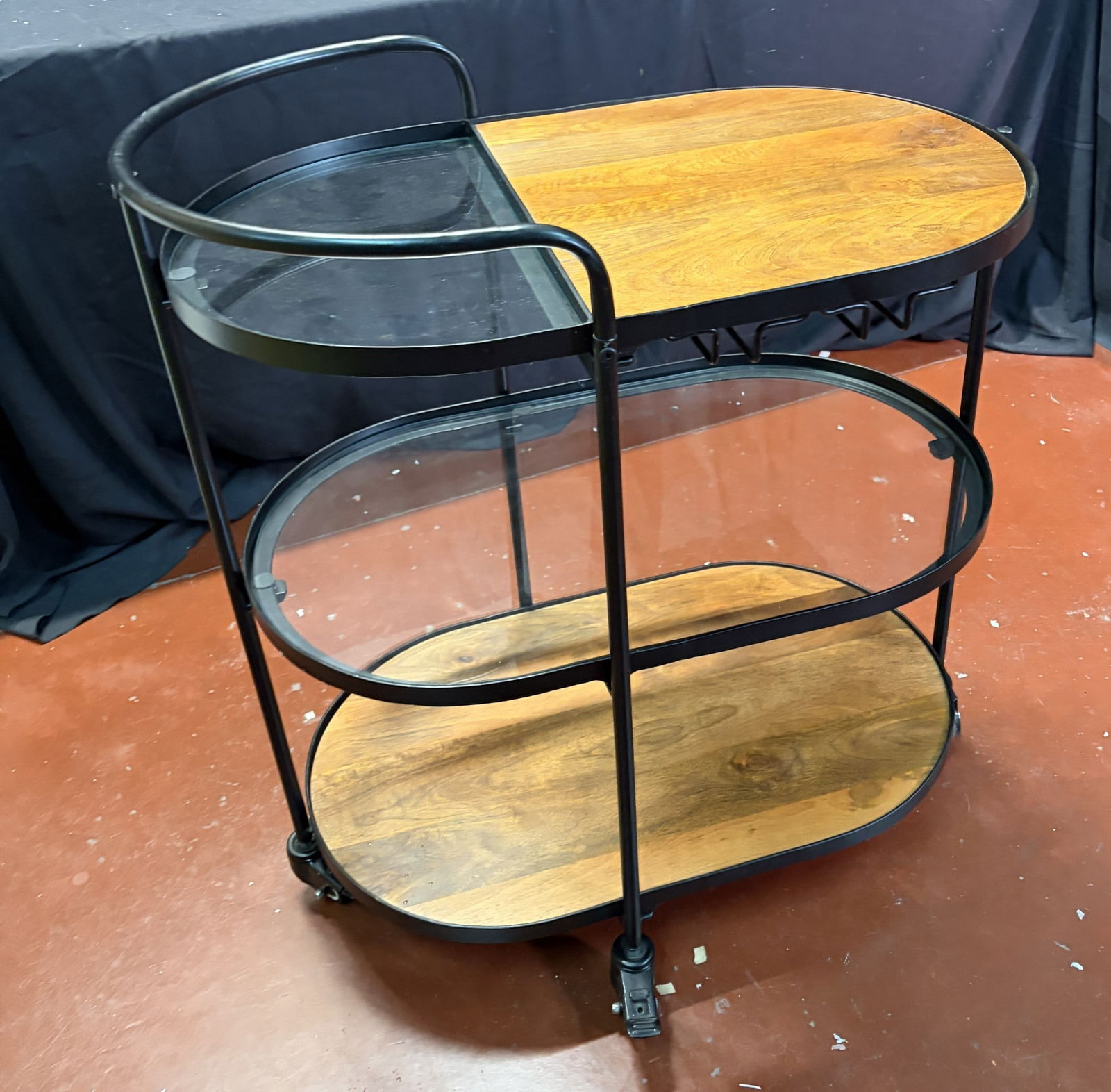 MODERN WOODEN AND GLASS BAR CART: MODERN WOODEN AND GLASS BAR CART Height: 33.5 in. by Width: 30 in. by Depth: 18.2 in.