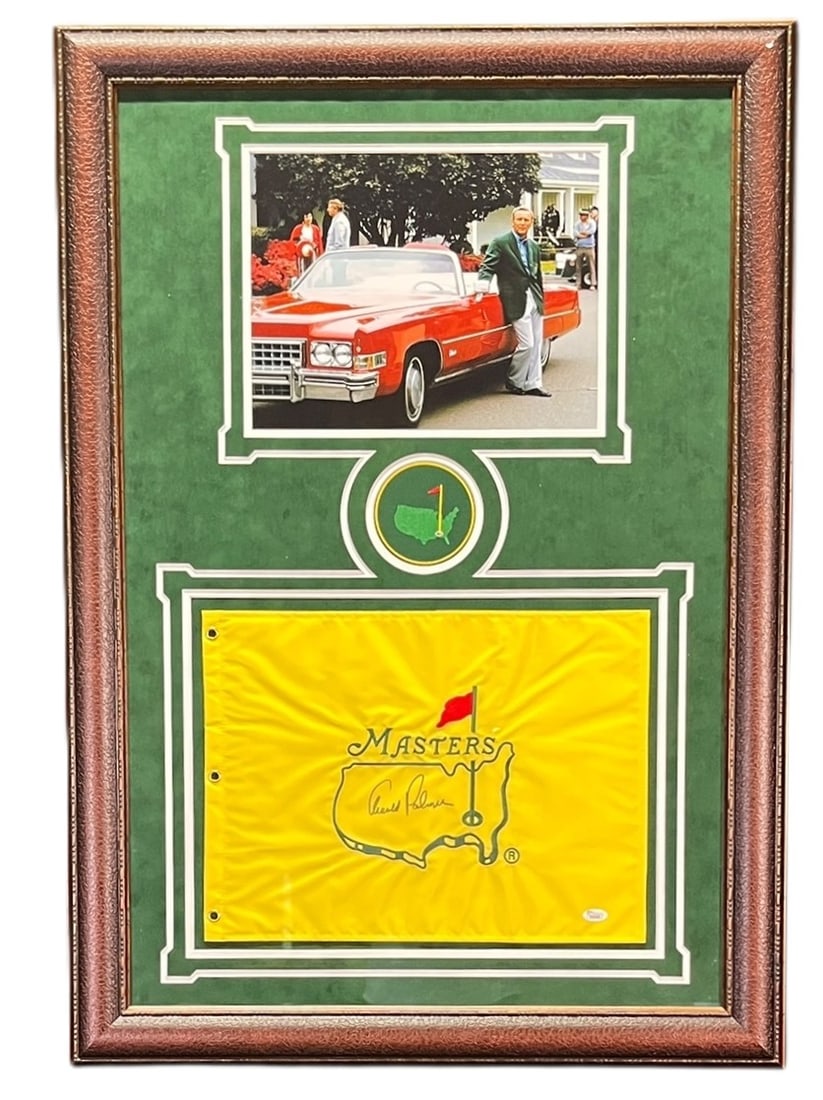 MASTERS- ARNOLD PALMER SIGNATURE ON FLAG FRAMED: MASTERS- ARNOLD PALMER SIGNATURE ON FLAG FRAMED Height: 40.5 in. by Width: 29 in. by Depth: 2 in.