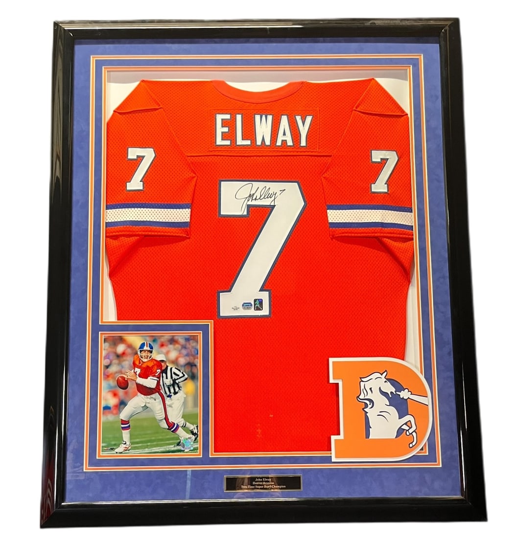 JOHN ELWAY AUTOGRAPHED JERSEY FRAMED: JOHN ELWAY AUTOGRAPHED JERSEY FRAMED Height: 43.5 in. by Width: 35.5 in. by Depth: 2 in.