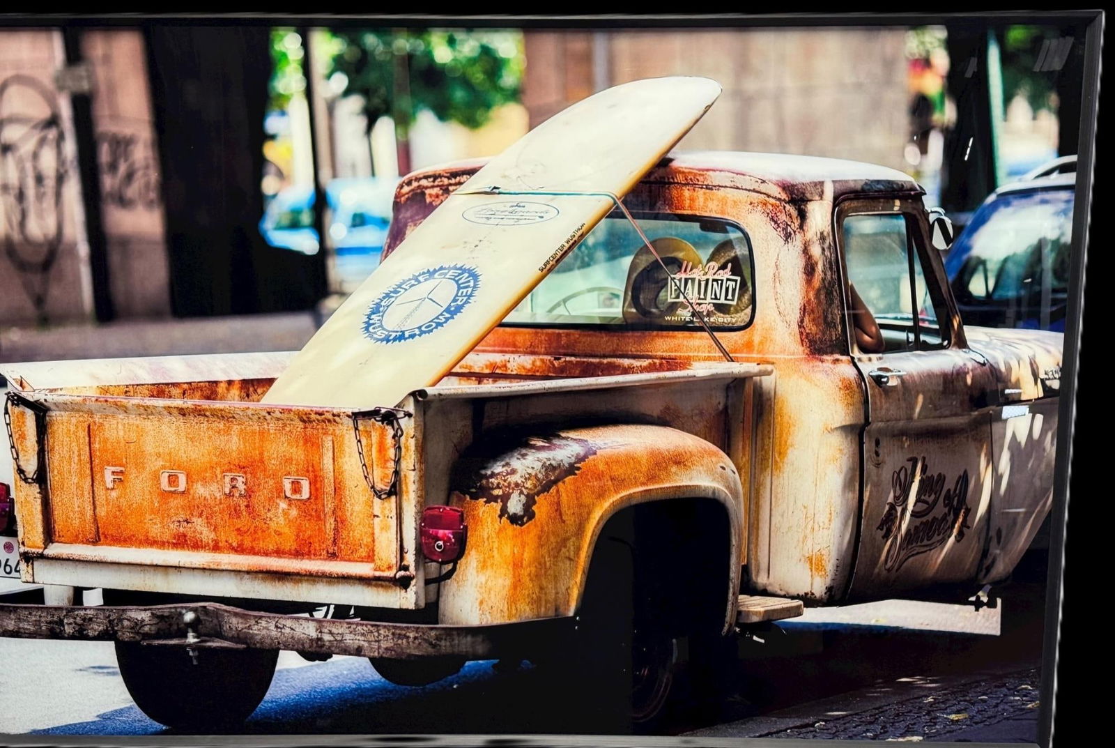 FRAMES IMAGE ON GLASS OF AN OLD TRUCK: FRAMES IMAGE ON GLASS OF AN OLD TRUCK Height: 32 in. by Width: 38