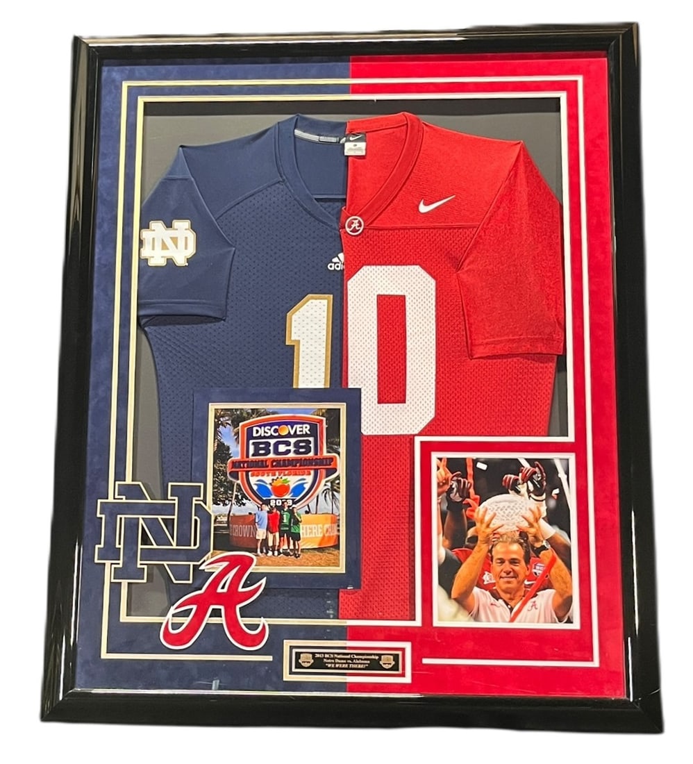 2013 NOTRE DAME/ ALABAMA JERSEY: 2013 NOTRE DAME/ ALABAMA JERSEY Height: 43.5 in. by Width: 35.5 in. by Depth: 2 in.