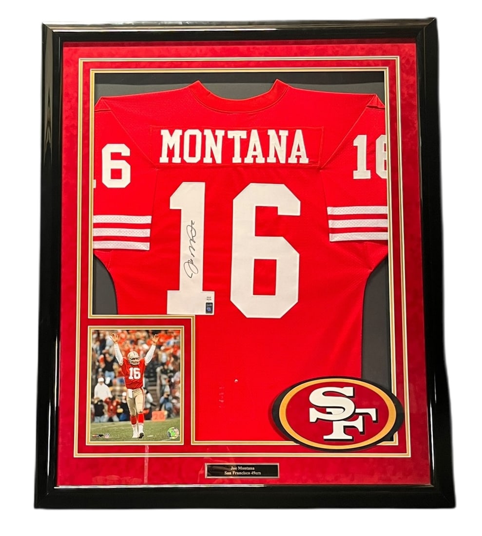 JOE MONTANA 49'ERS AUTOGRAPHED JERSEY FRAMED: JOE MONTANA 49'ERS AUTOGRAPHED JERSEY FRAMED Height: 43.5 in. by Width: 35.5 in. by Depth: 2 in.