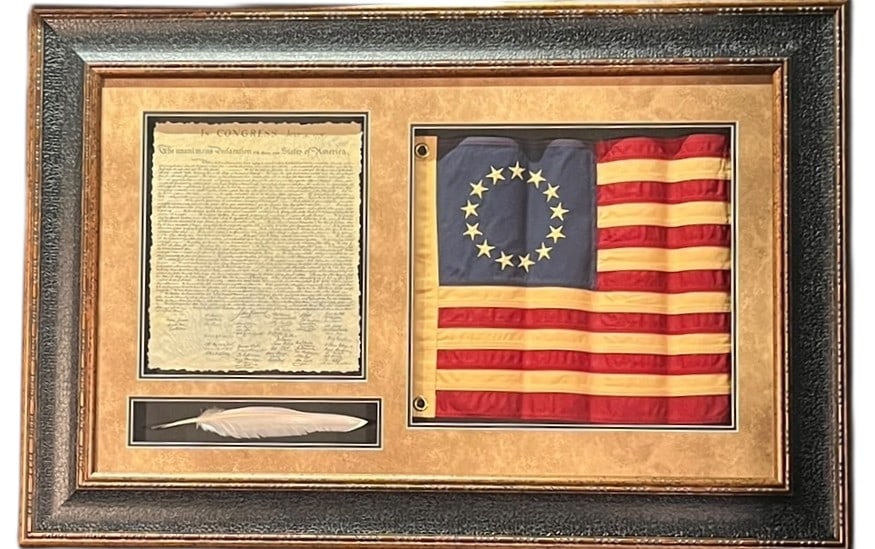 FRAMED COPY OF THE DEC OF INDEPENDENCE AND FLAG: SHADOW BOX FRAMED COPY OF THE DEC OF INDEPENDENCE AND FLAG Height: 32 in. by Width: 48 in.
