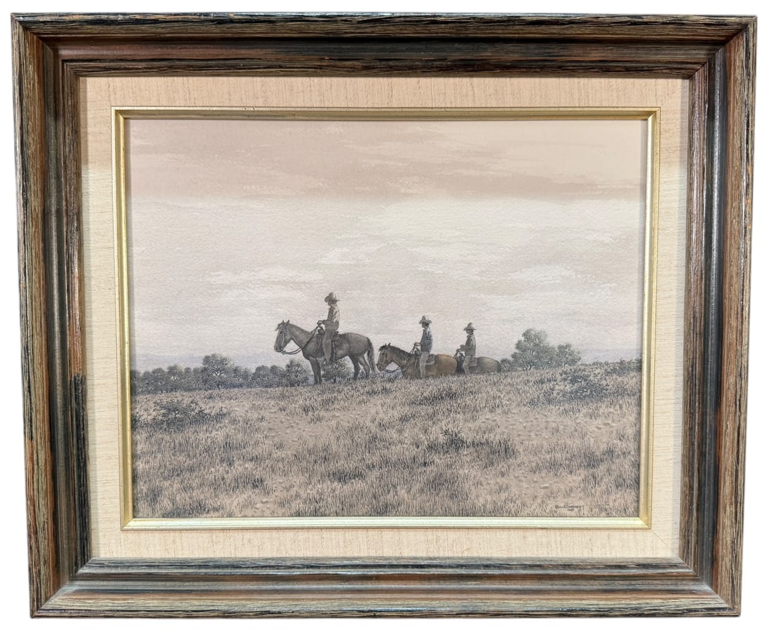 BILL EARNEST "THREE RIDERS" WATERCOLOR AND INK: BILL EARNEST "THREE RIDERS" WATERCOLOR AND INK Height: 15 in. in. by Width: 17.5 in.