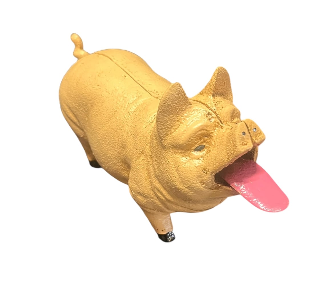 CAST IRON PIGGY BANK: CAST IRON PIGGY BANK. Height: 5 in. by Width: 9 in. by Depth: 3.5 in.