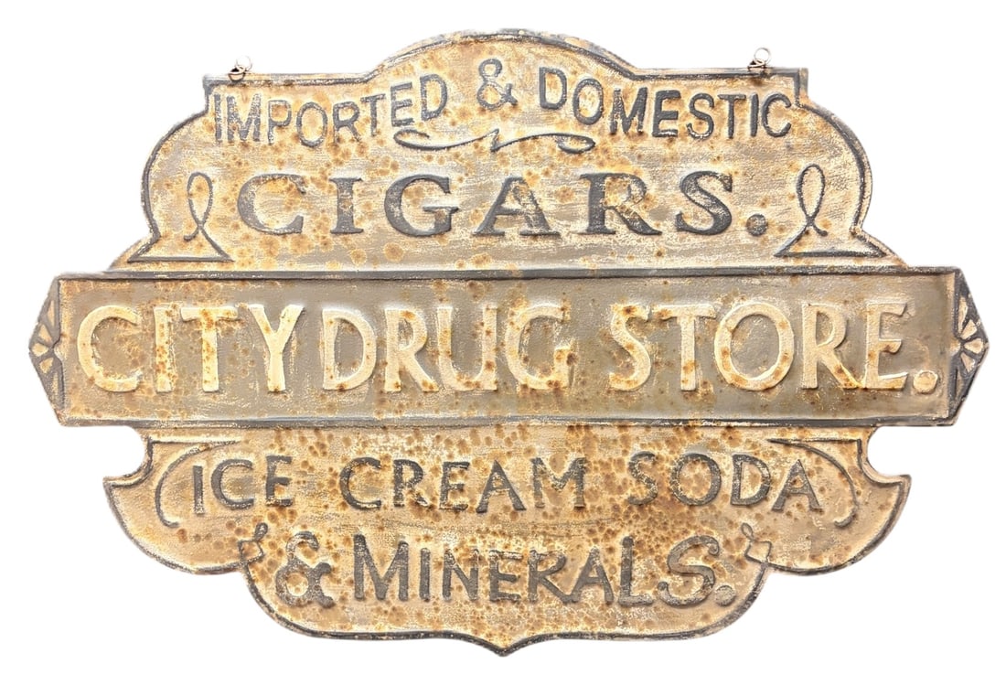 "CITY DRUG STORE AND CIGARS" METAL SIGN: "CITY DRUG STORE AND CIGARS" METAL SIGN Height: 25.5 in. by Width: 38.5 in.