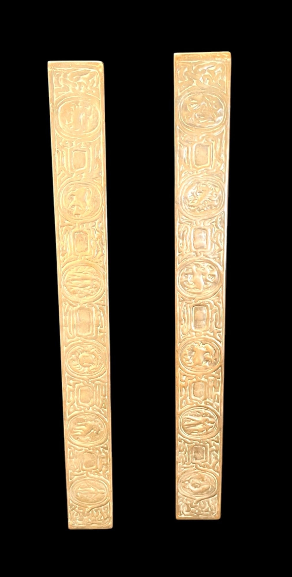 PAIR OF ANTIQUE TIFFANY BRASS BOARD HOLDERS: PAIR OF ANTIQUE TIFFANY BRASS BOARD HOLDERS Height: 19 in. by Width: 2 in.