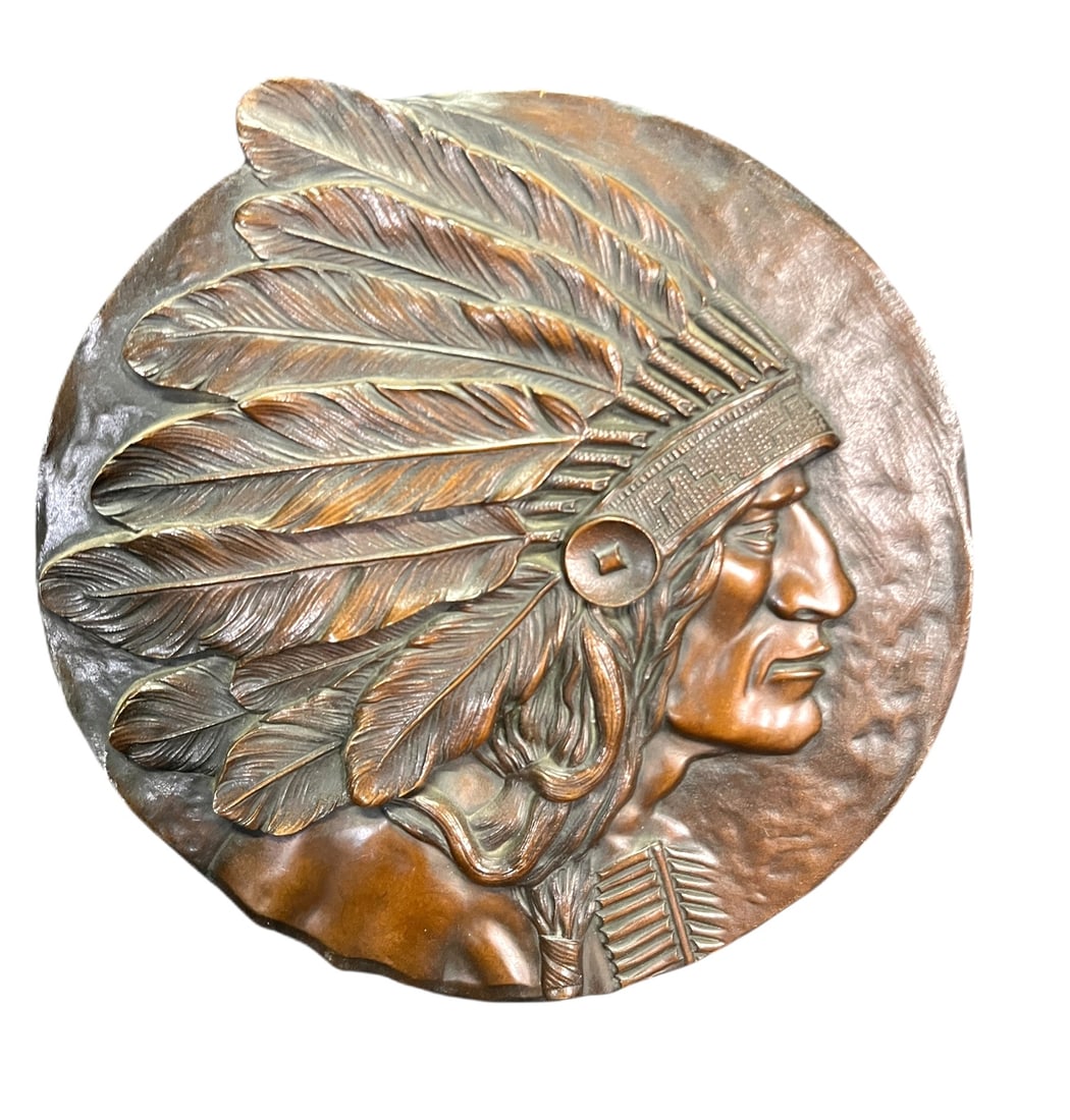 19th CENTURY AMERICAN INDIAN BRONZE PLAQUE: 19th CENTURY AMERICAN INDIAN BRONZE PLAQUE. Height: 9 in. by Width: 9 in.