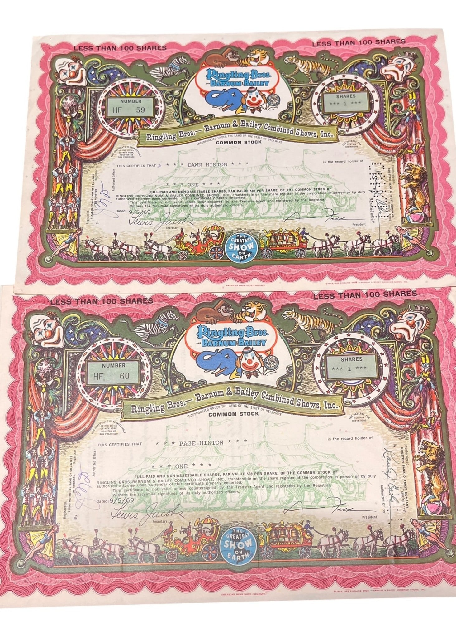 RINGLING BROS STOCK CERTIFICATES: RINGLING BROS STOCK CERTIFICATES Height: 7.5 in. by Width: 11 in.
