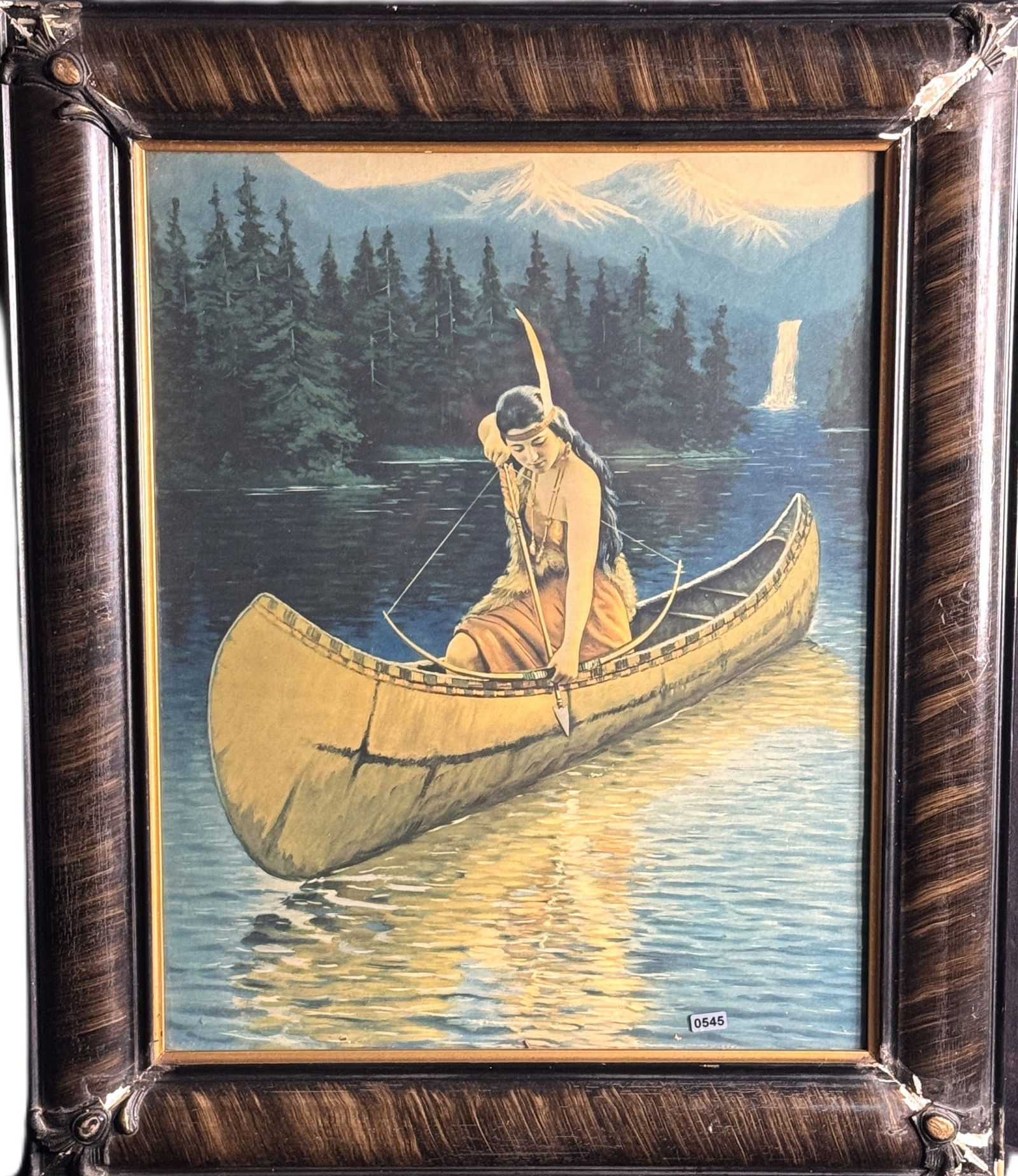 FEMALE INDIAN IN CANOE PRINT FRAMED: FEMALE INDIAN IN CANOE PRINT FRAMED Height: 26 in. by Width: 21.5 in.
