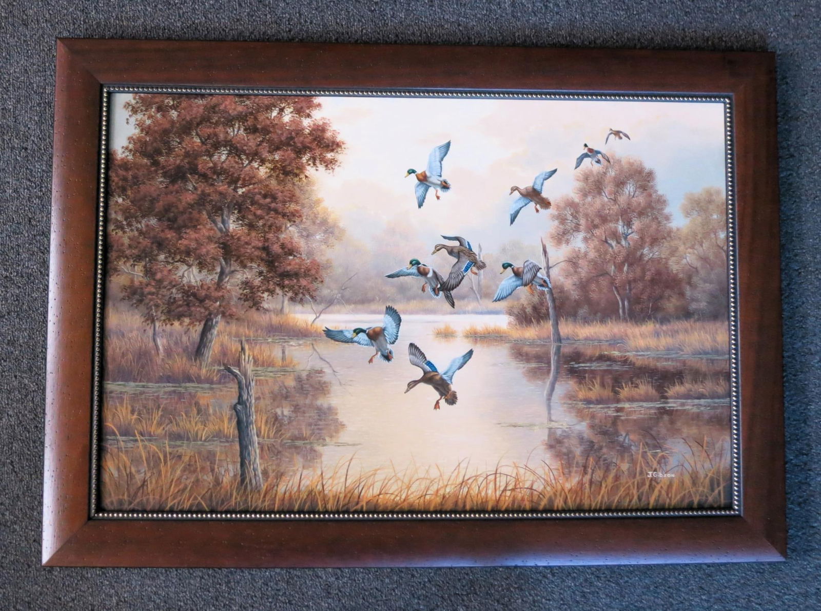 J. GIBSON "DUCKS OVER WATER" GICLEE ON CANVAS: J. GIBSON "DUCKS OVER WATER" GICLEE ON CANVAS. Height: 29.5 & 23.5 in. by Width: 41.5 & 35.5 in. by Depth: 1.25 in.
