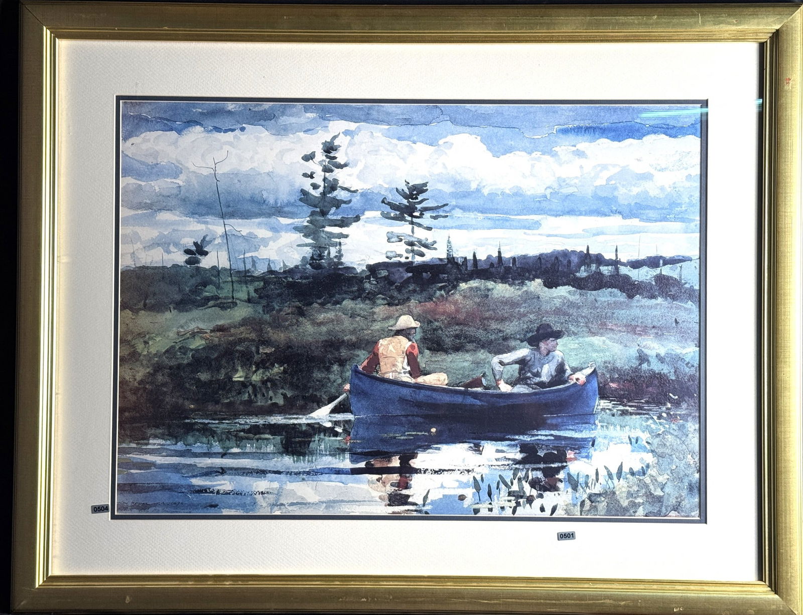THE BLUE BOAT PRINT BY WINSLOW HOMER: WATER COLOR HUNTING PRINT BY WINSLOW HOMER Height: 29 in. by Width: 37 in.