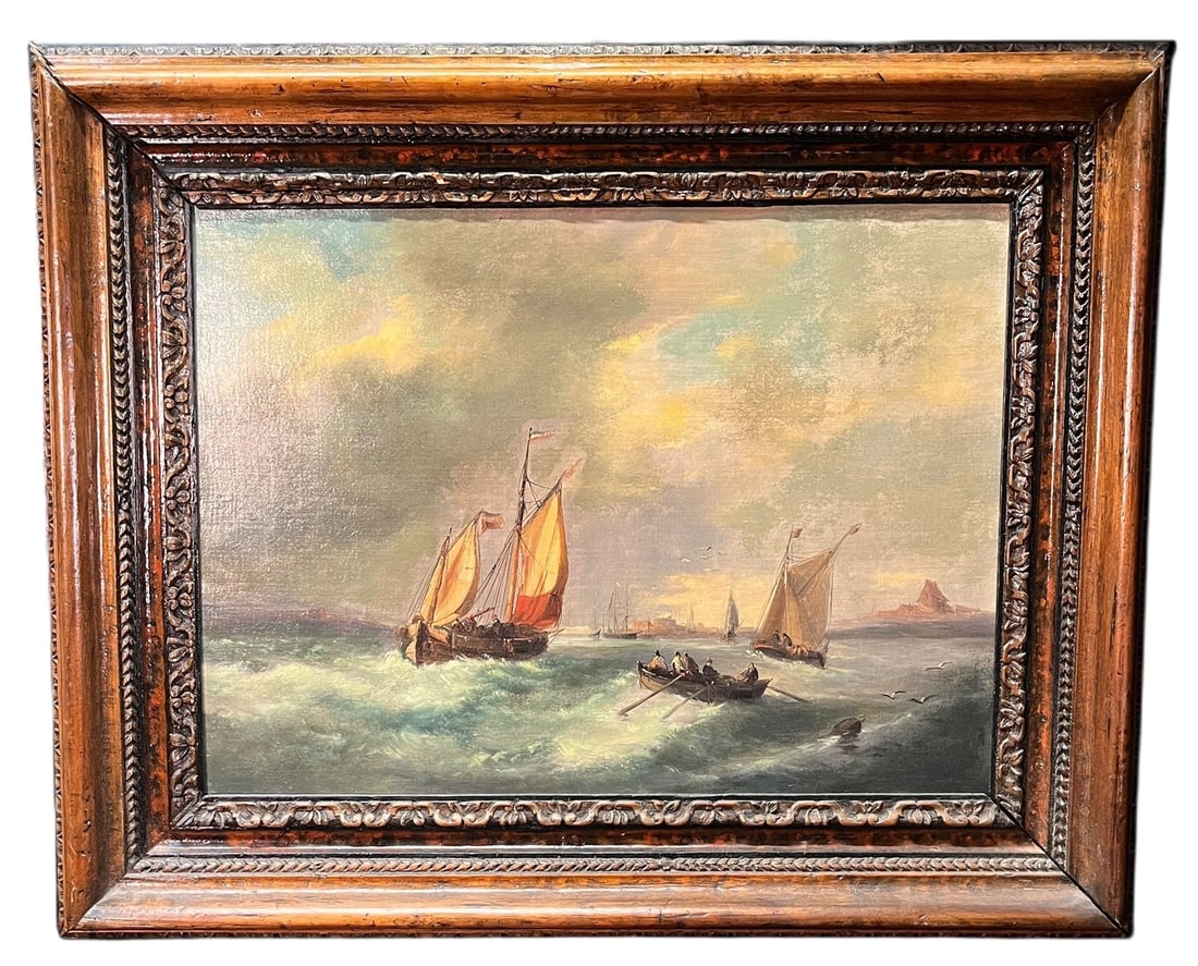 19th C. FRENCH HARBOR SCENE OIL ON CANVAS PAINTING: 19th CENTURY FRENCH HARBOR SCENE OIL ON CANVAS PAINTING. Height: 28 & 19.25 in. by Width: 34.5 & 25.5 in. by Depth: 2.75 in.