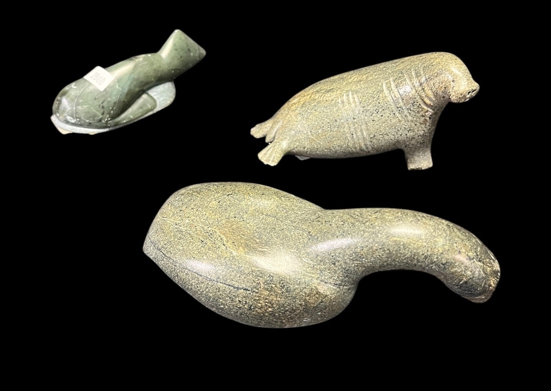 SET OF THREE ESKIMO ART CARVED JADE & NEPHRITE SEA: SET OF THREE ESKIMO ART CARVED JADE & NEPHRITE SEAL, WALRUS. Height: 5 in. by Width: 5 in. by Depth: 3 in.