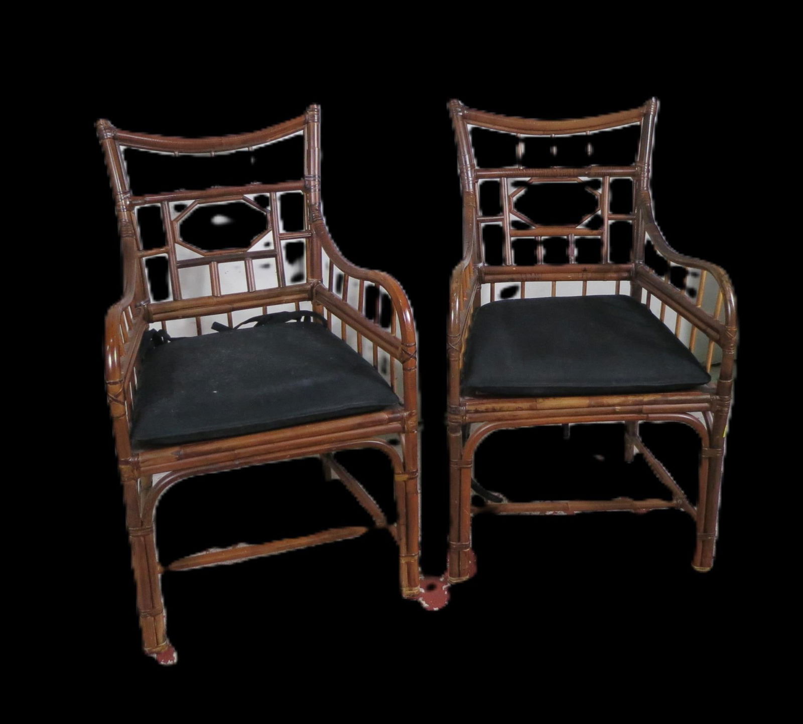 PAIR OF FAUX BAMBOO STYLE ARMCHAIRS: PAIR OF FAUX BAMBOO STYLE ARMCHAIRS. Height: 38 in. by Width: 23 in. by Depth: 24 in.