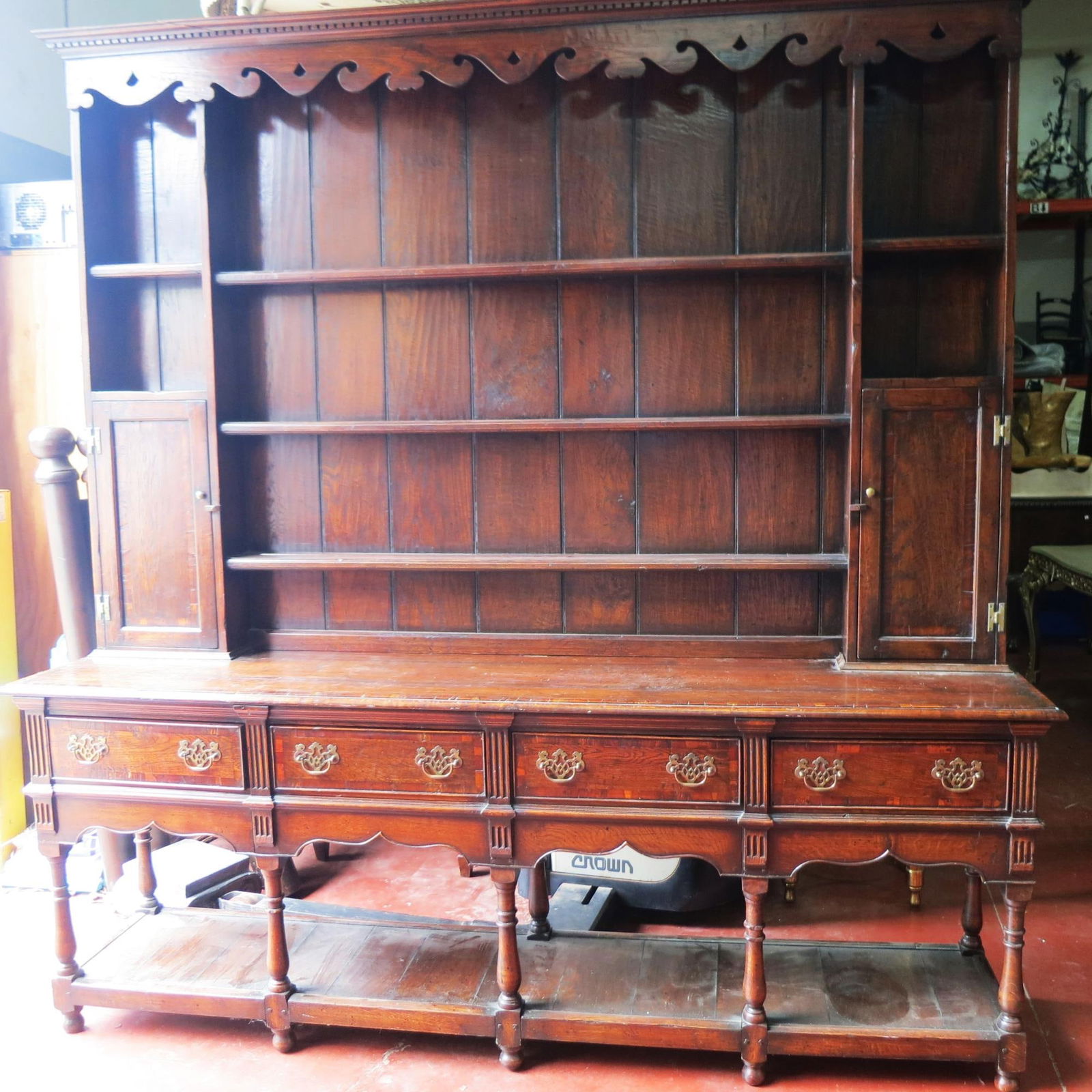 19th CENTURY ENGLISH OAK WELSH DRESSER: 19th CENTURY ENGLISH OAK WELSH DRESSER. TWO-PIECE. Height: 93 in. by Width: 90 in. by Depth: 19 in.