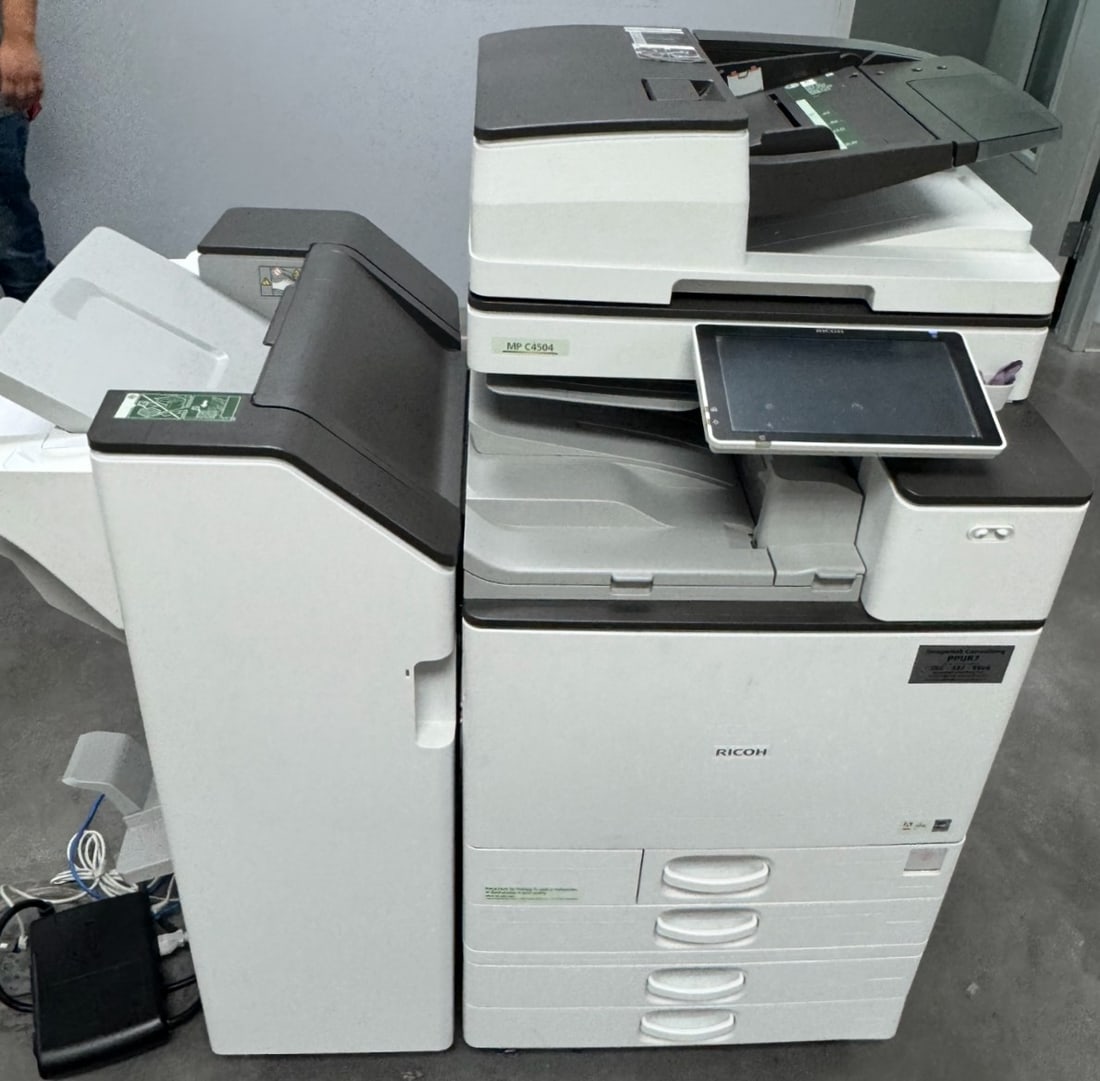 RICOH MP C4504 COLOR LASER MULTIFUNCTION COPIER: RICOH MP C4504 COLOR LASER MULTIFUNCTION COPIER. GOOD WORKING CONDITION. Height: 48 in. by Width: 34 in. by Depth: 28 in.