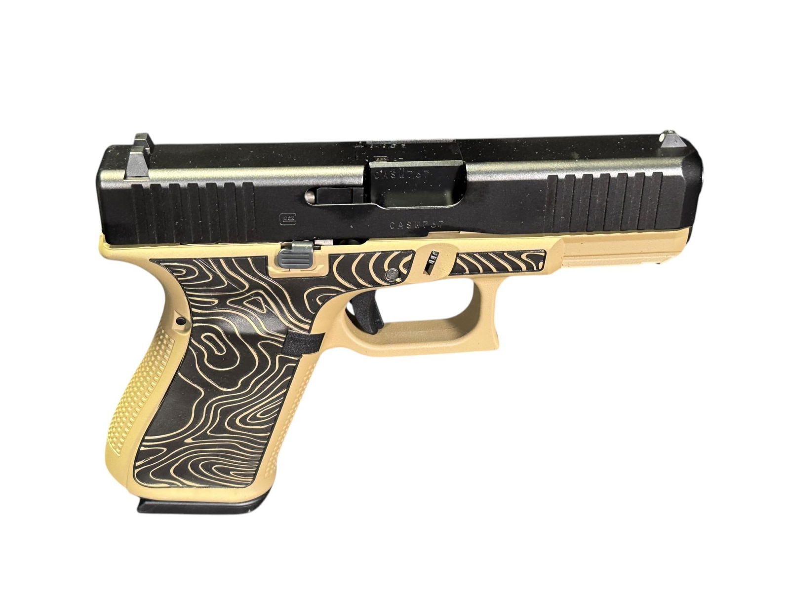 Glock G19 Gen5 Compact Frame 9mm Luger: Glock G19 Gen5 Compact Frame 9mm Luger 15+1 4.02" Black GMB Barrel, Black nDLC Serrated Steel Slide, Coyote Tan Cerakote Polymer Frame w/Picatinny Rail, Ambidextrous. SERIAL #CASW767 (L548)