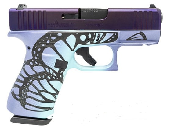 APOLLO CUSOTM GLOCK 43X 9MM 10RD MDM BUTTERFLY: APOLLO CUSOTM GLOCK 43X MADAME BUTTERFLY 9MM LUGER 10RD BARREL LENGTH 3.41 OVERALL 6.50 / 16.40 OZ 2 MAGS NEW IN CASE SERIAL NUMBER ALAA460 (L874)