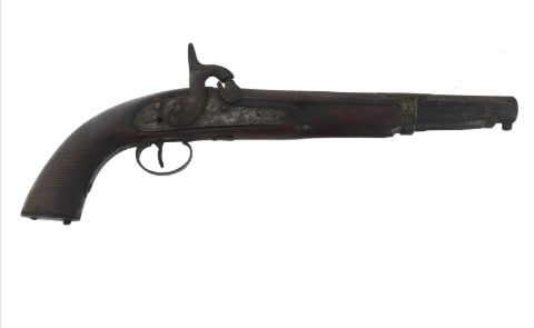 AFGHANISTAN CONVERSION 56 CAL PERCUSSION PISTOL: AFGHANISTAN CONVERSION 56 CAL PERCUSSION PISTOL. Afghanistan conversion .56 caliber percussion pistol. Side plate stamped Crown over scratched out letters, and illegible script. Engraved brass barrel