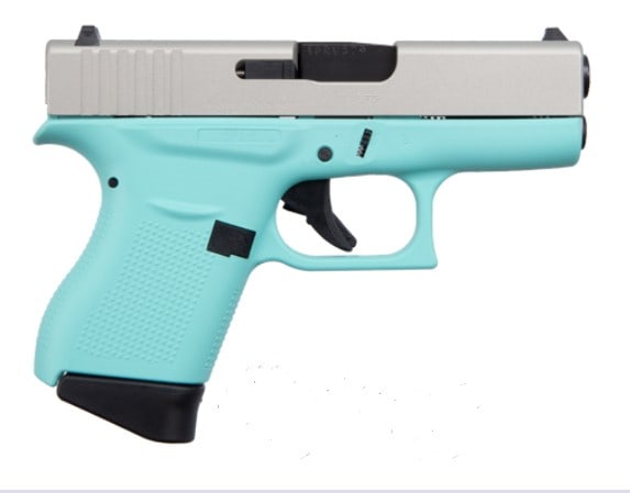 GLOCK 43 9MM 5RD SEMI AUTO PISTOL: GLOCK 43 9MM 5RD APOLLO CUSTOM SIMI AUTO PISTOL CERAKOTE SATIN ALUMINUM ROBINS EGG BLUE. SIGHT FT: WHITE DOT RR: WHITE OUTLINE NEW IN CASE SERIAL #AKHU889 (L877)