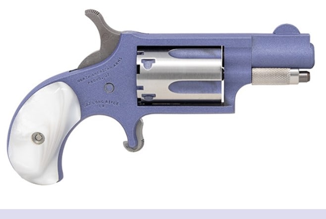 NORTH AMERICAN ARM MINI REVOLVER 22 LR: NORTH AMERICAN ARM MINI REVOLVER 22 LR. SINGLE ACTION ORCHID CERAKOTE WHITE PEARL GRIPS WEIGHS 4.5 OZ NEW IN CASE WITH LOCK & KEY SERIAL #NO63771 (L880)