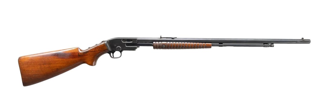 SAVAGE 1914 PUMP ACTION RIFLE 22: SAVAGE 1914 PUMP ACTION RIFLE Cal. 22 S, L & LR. . Bbl. 23 1/2" oct. Bead front sight. Redfield sporting style rear sight. Upper tang has two screws present for further sight mounting. Reblued finish.